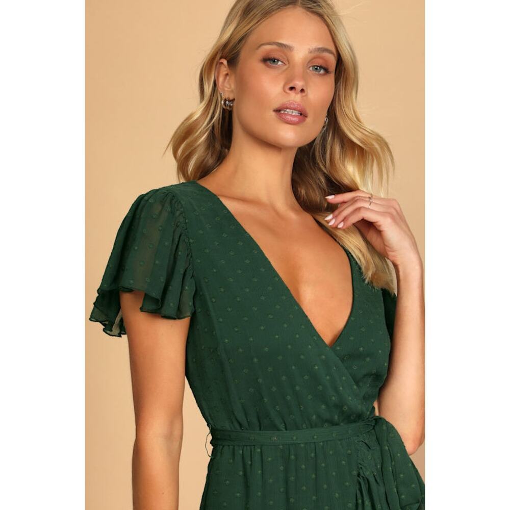 Lulu’s Have Harmony Dark Green Swiss Dot Ruffled Faux Wrap Midi Dress